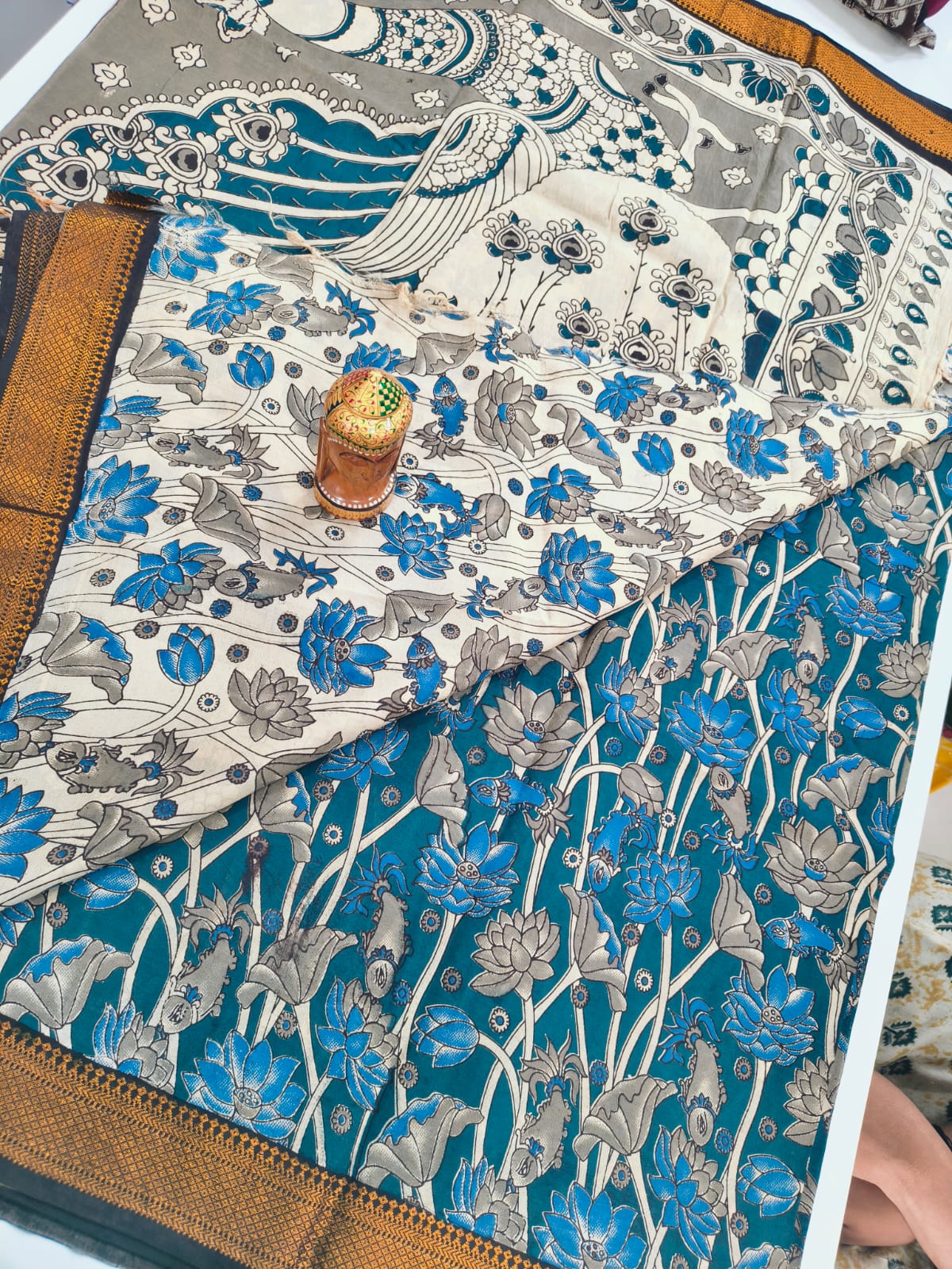 Mangalagiri Kalamkari Sarees with nizam border print
