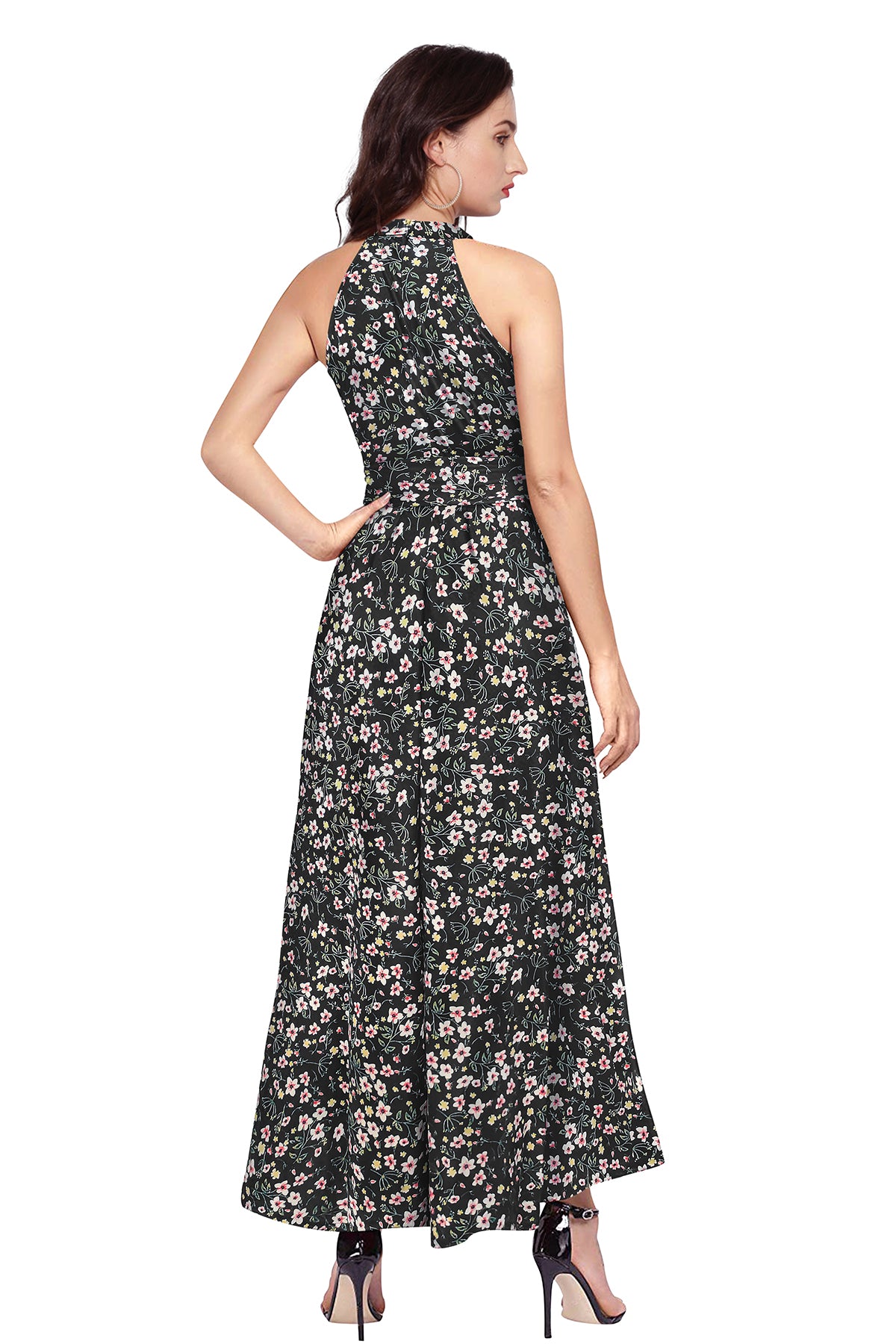 Western Wear Dress Polyster Black Solid Deltin S31 Flower Print Black