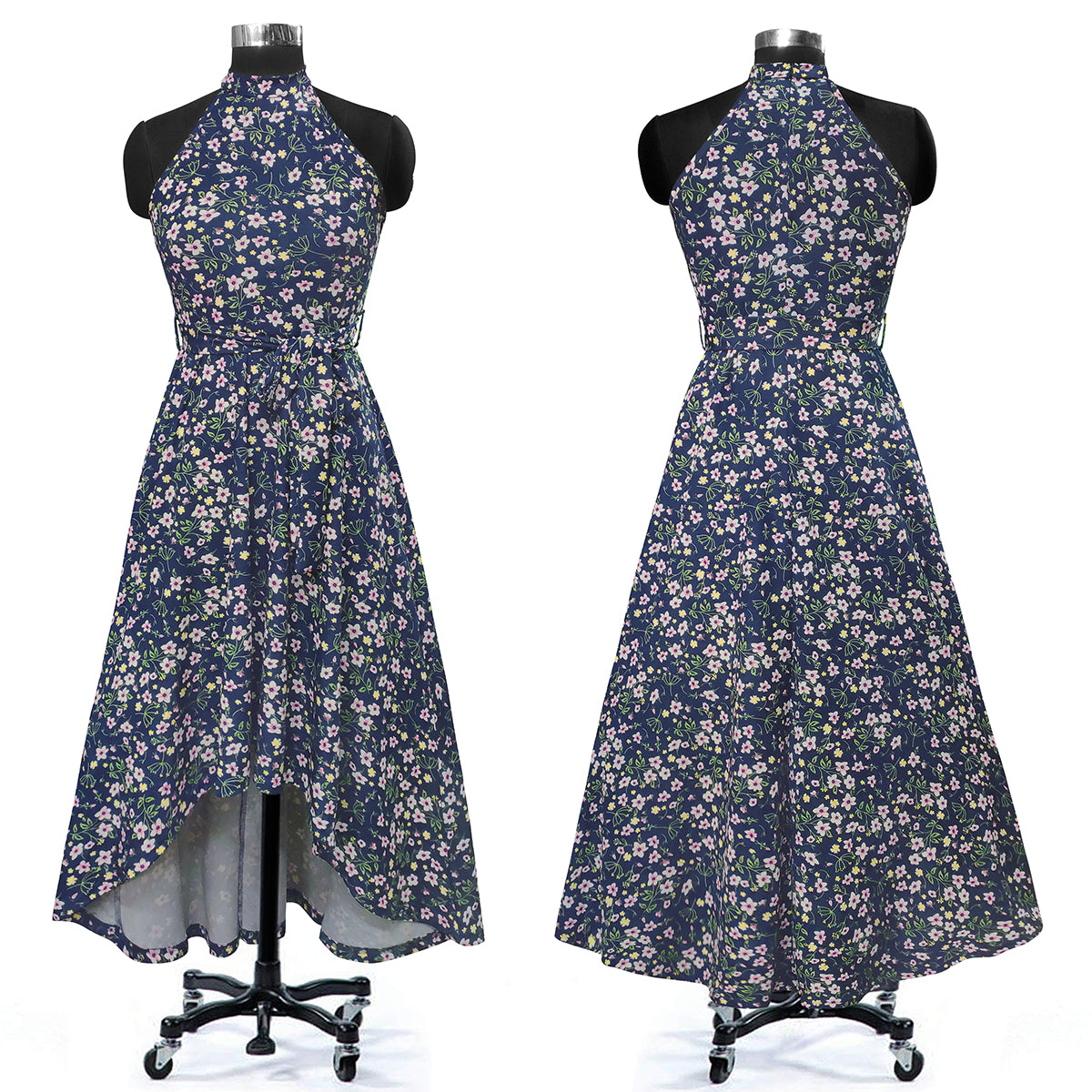 Western Wear Dress Polyster Blue Solid Deltin S33 Flower Print Blue