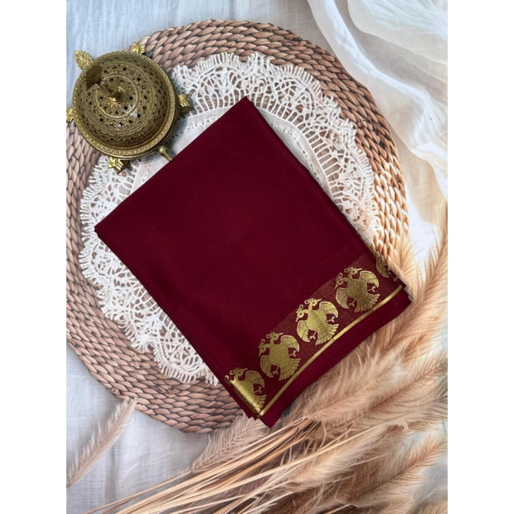 Generic Women's Crepe Chit Pallu Solid Saree With Unstitched Blouse 5.5Mtr (Maroon)
