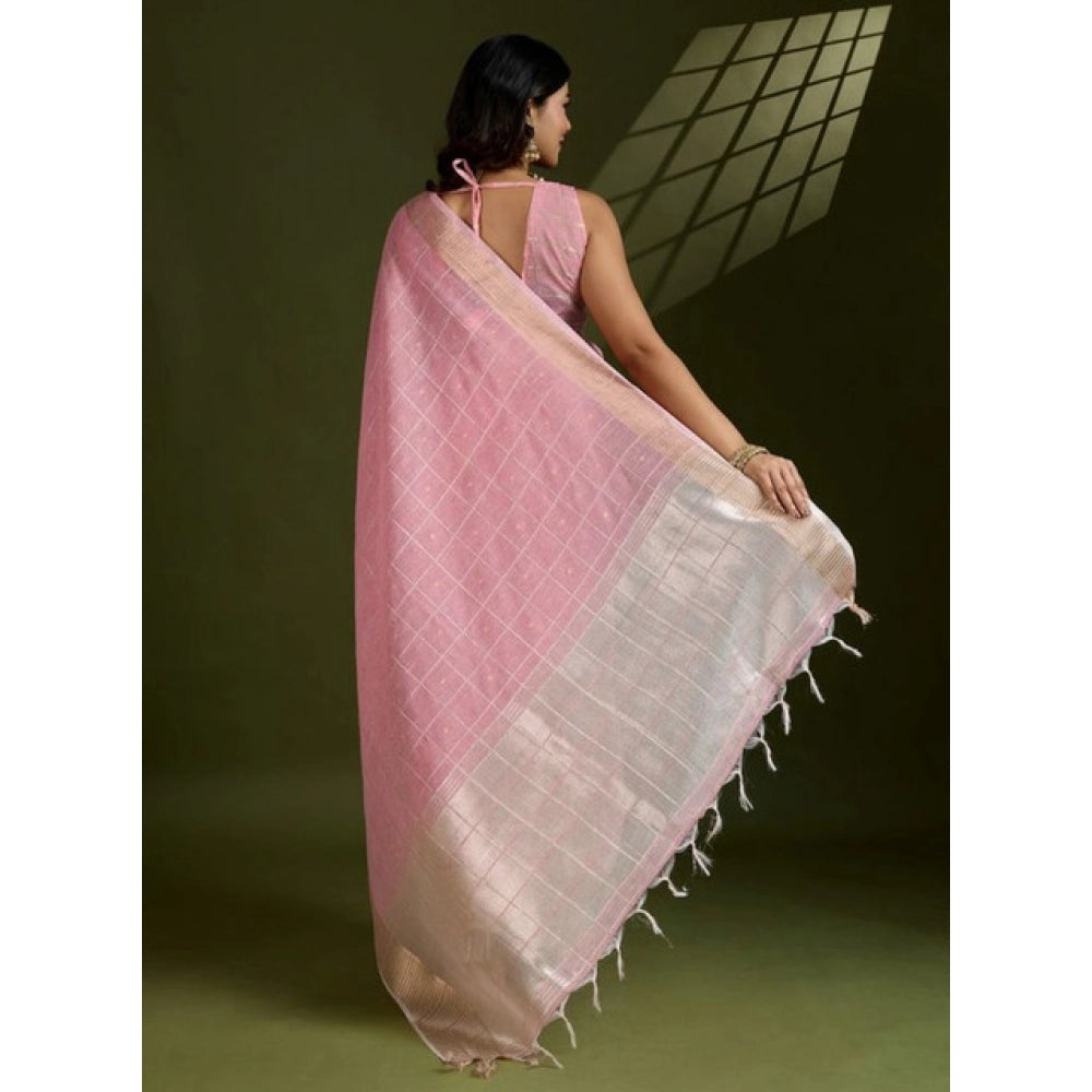 Generic Women's Tissue Checks_With_Buttis Saree With Unstitched Blouse 5.5Mtr (Light_Pink)