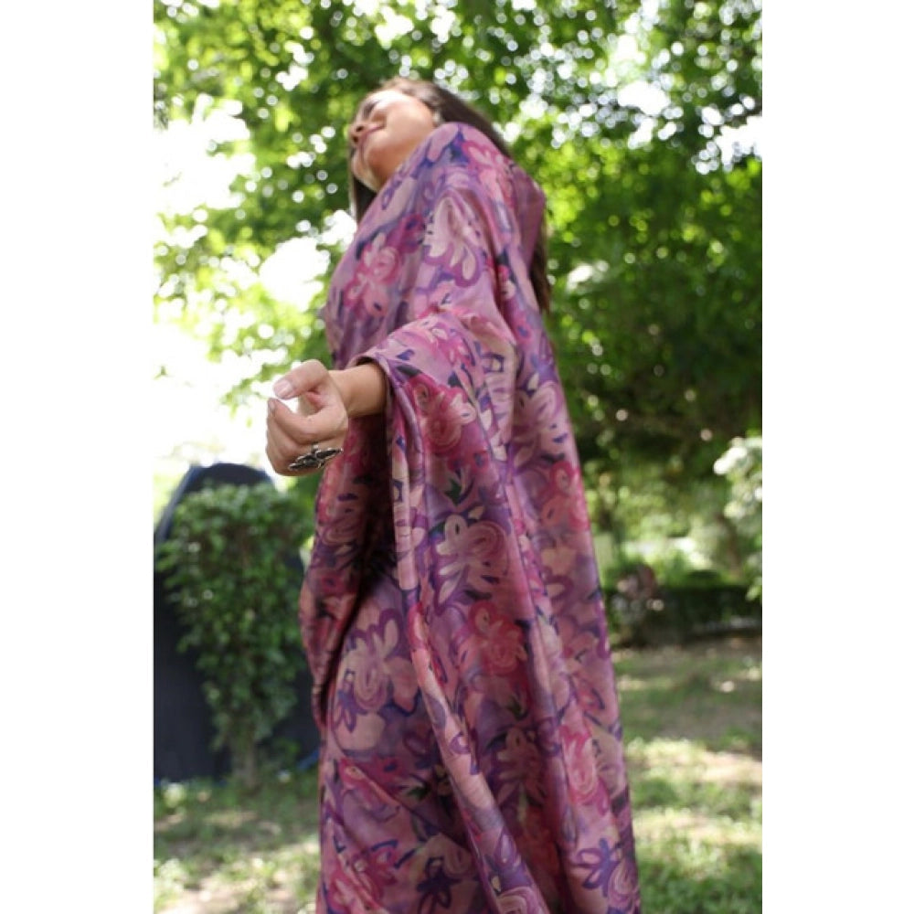 Generic Women's Faux_Tussar_Silk Abstract_Print Saree With Unstitched Blouse 5.5Mtr (Purple)