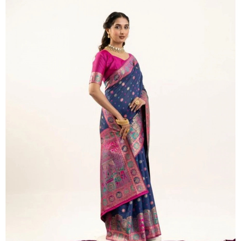 Generic Women's Faux_Banarasi Woven Motifs Saree With Unstitched Blouse 5.5Mtr (Navy_Blue)