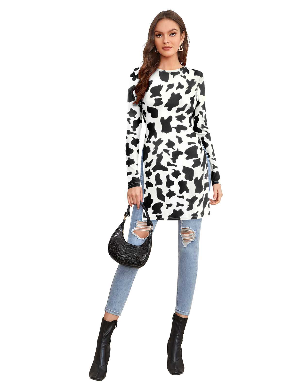 Wester Wear Polyester/ Knitting Tops- White Cow Pattern full length