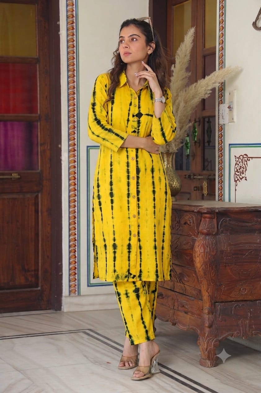 Cotton Handblock Co-ord Set - Yellow Tie-Dye Stripe Print