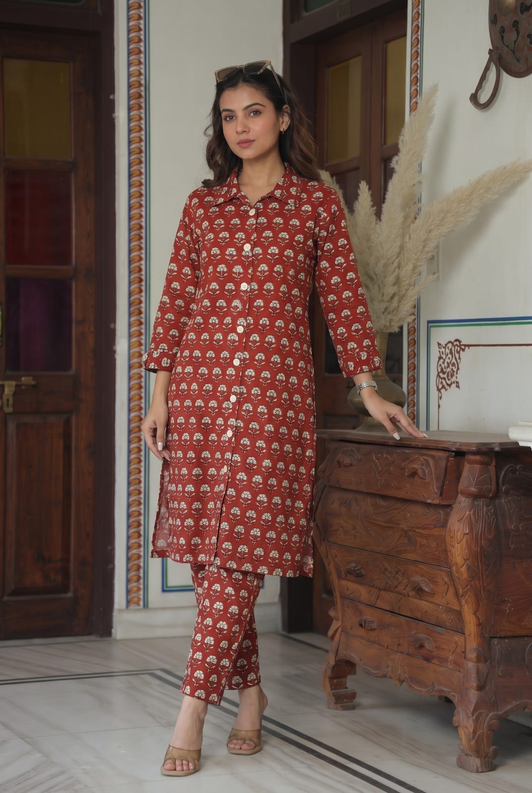 Cotton Handblock Co-ord Set - Maroon Floral Spray Print
