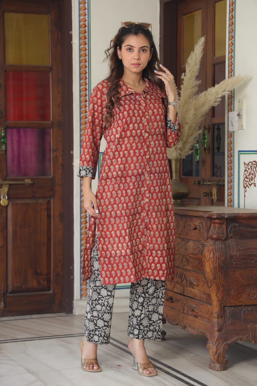 Cotton Handblock Co-ord Set - Red Floral Black Contrast