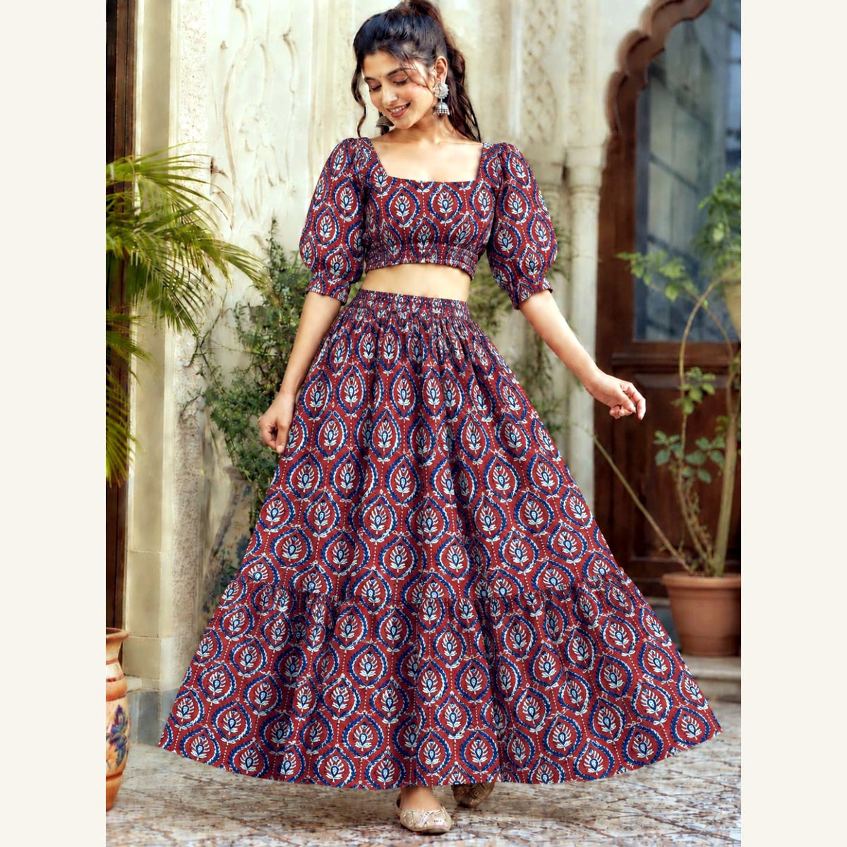 Bagru Handblock Cotton Crop Top Skirt Set - Maroon Medallion