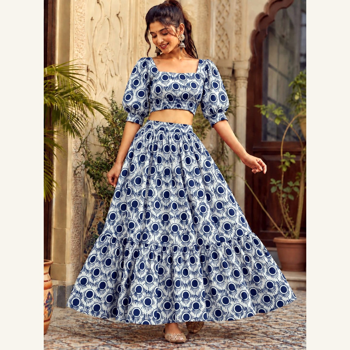 Bagru Handblock Cotton Crop Top Skirt Set - Blue White Circle