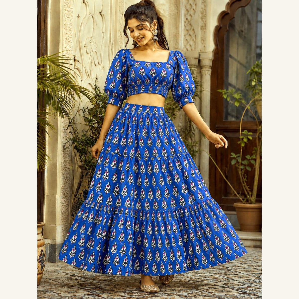 Bagru Handblock Cotton Crop Top Skirt Set - Royal Blue Booti
