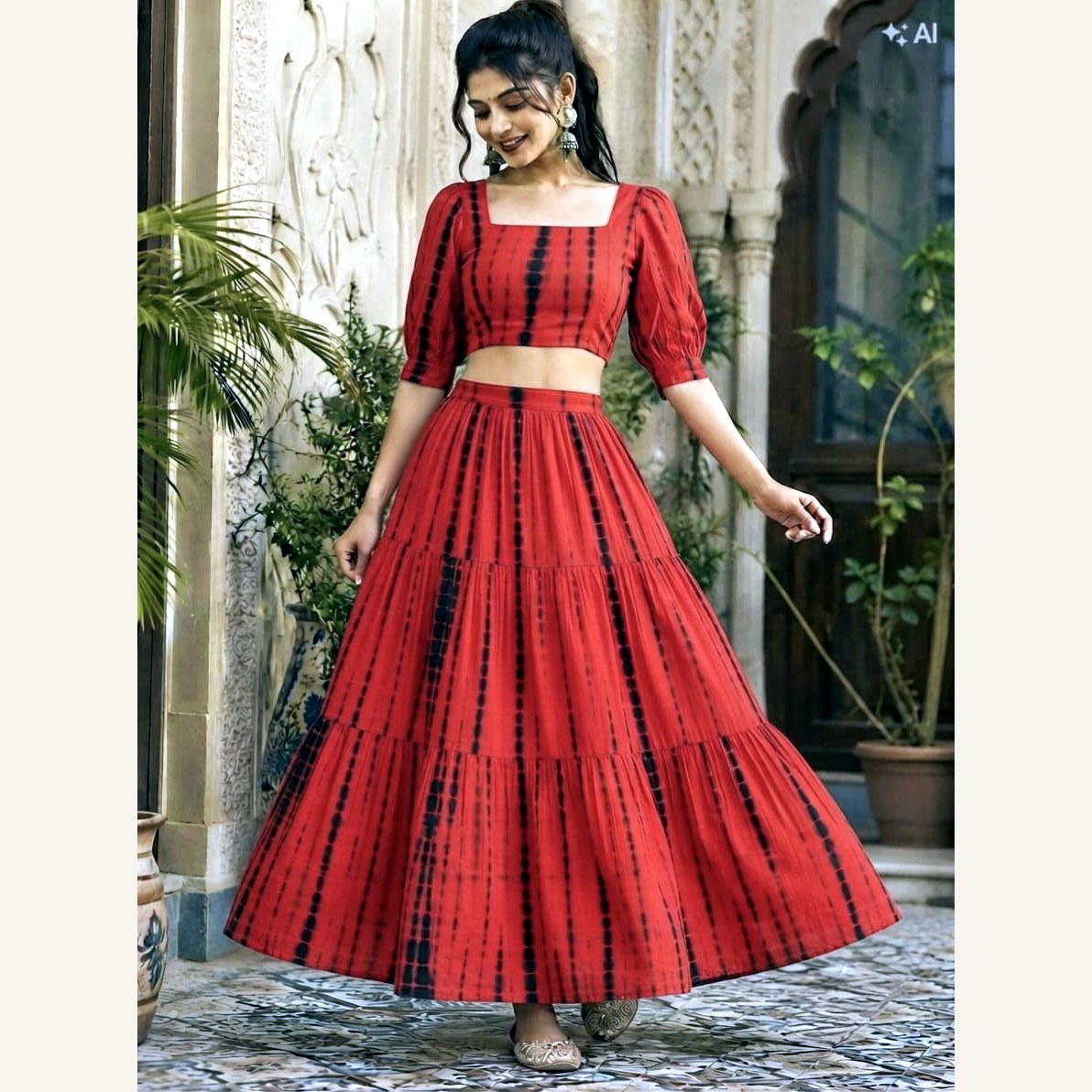 Bagru Handblock Cotton Crop Top Skirt Set - Red Tie-Dye Stripe
