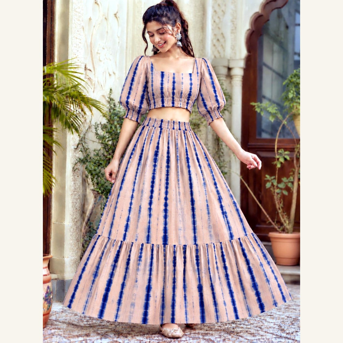 Bagru Handblock Cotton Crop Top Skirt Set - Peach Tie-Dye Stripe