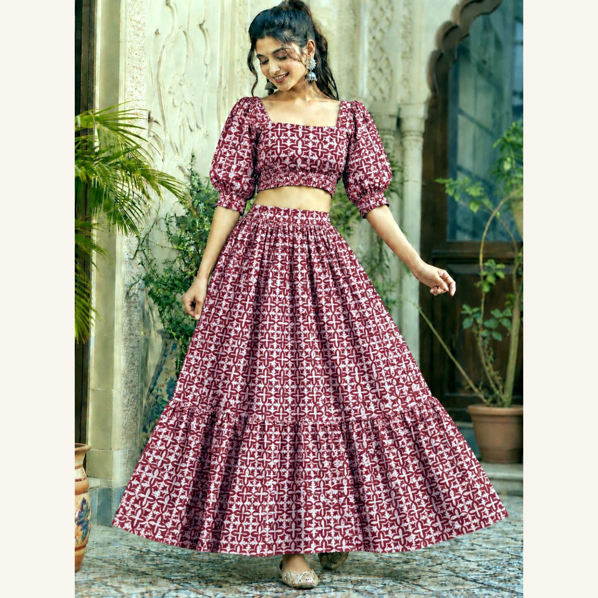 Bagru Handblock Cotton Crop Top Skirt Set - Pink Geometric
