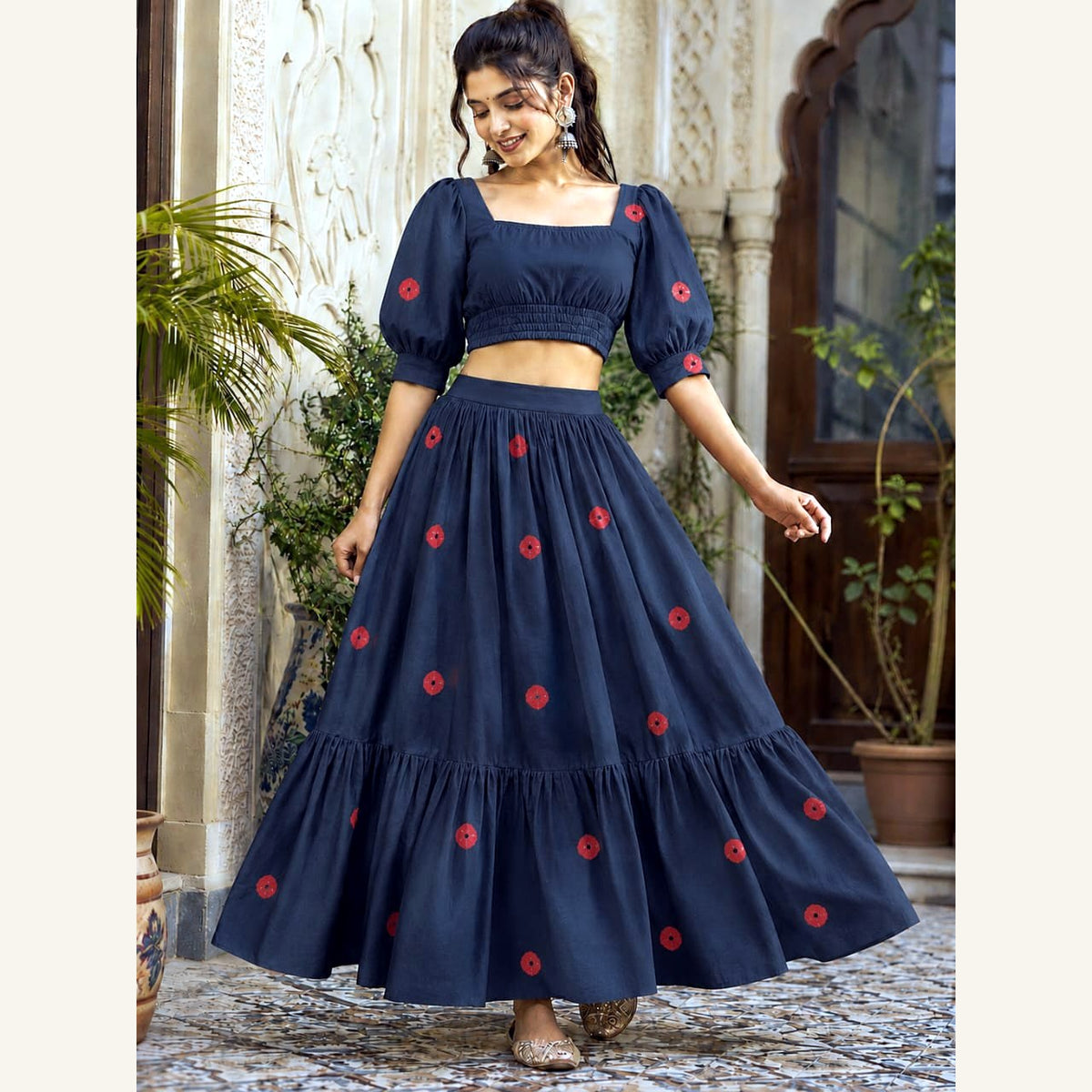 Bagru Handblock Cotton Crop Top Skirt Set - Navy Red Dot