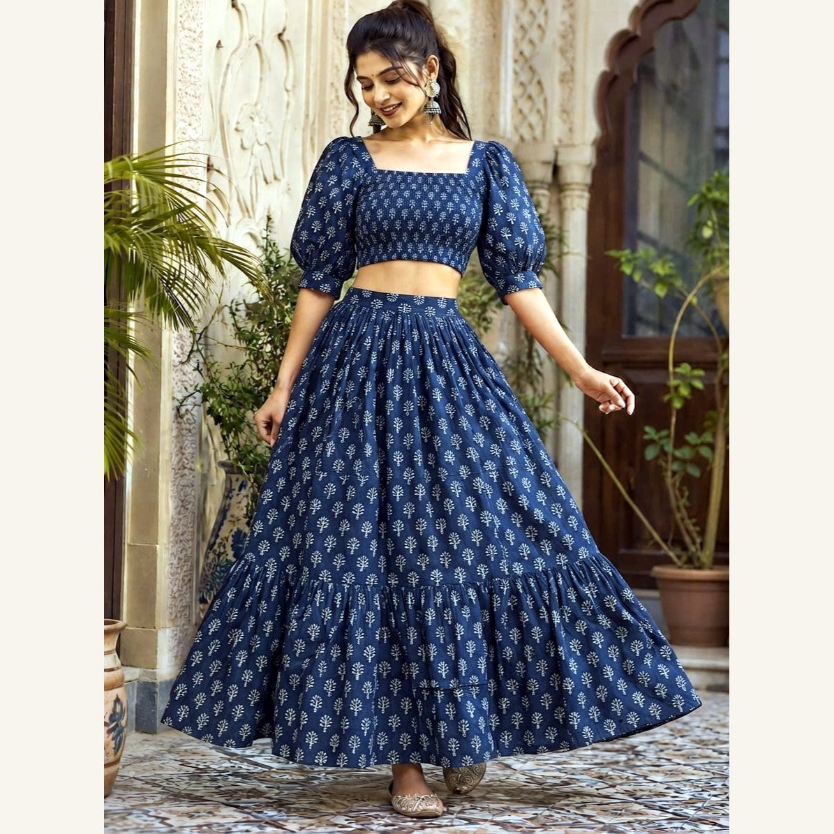 Bagru Handblock Cotton Crop Top Skirt Set - Navy Booti