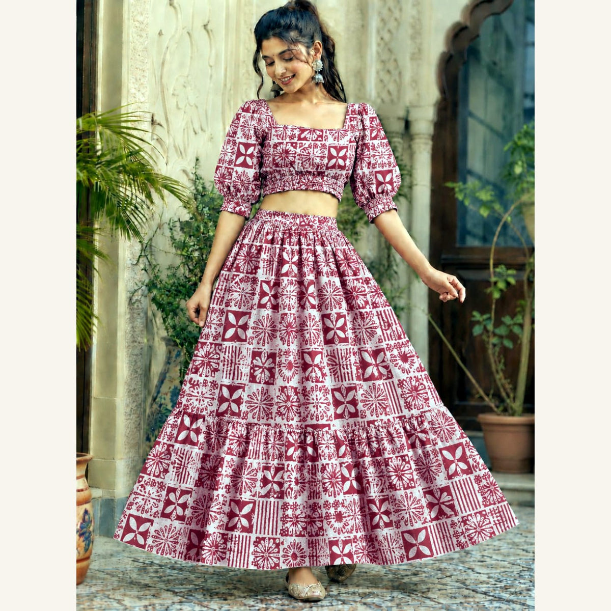 Bagru Handblock Cotton Crop Top Skirt Set - Pink Patchwork
