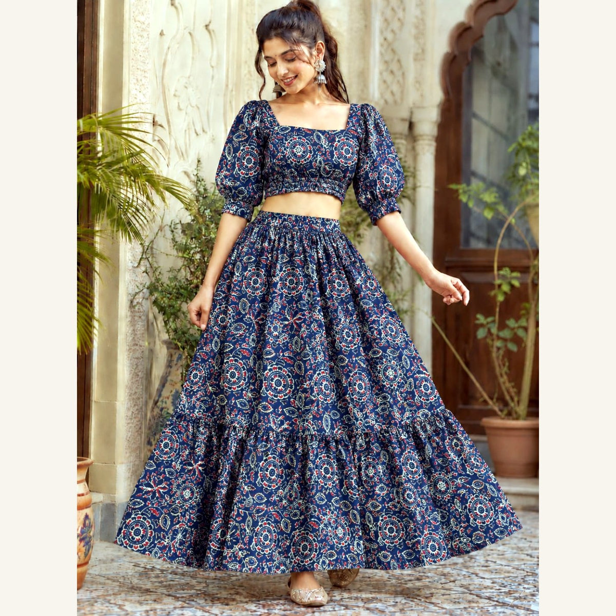 Bagru Handblock Cotton Crop Top Skirt Set - Navy Kalamkari