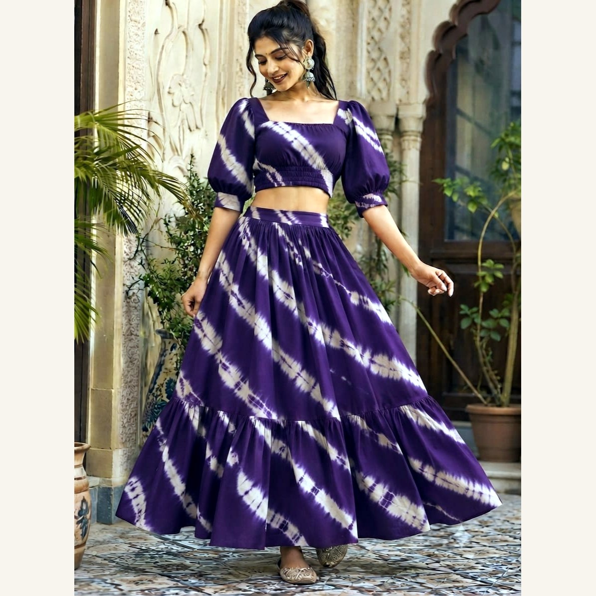 Bagru Handblock Cotton Crop Top Skirt Set - Purple Shibori