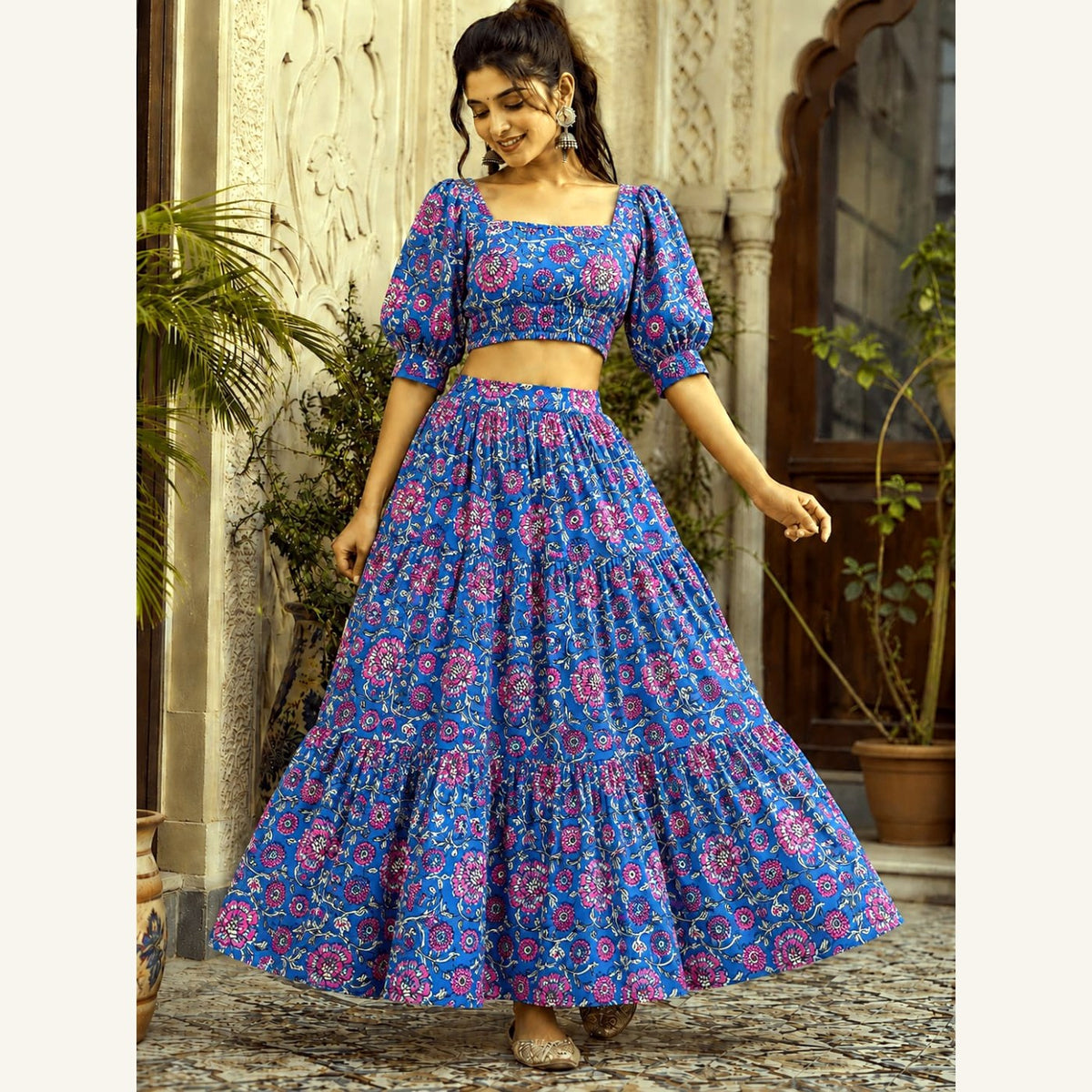 Bagru Handblock Cotton Crop Top Skirt Set - Blue Pink Floral