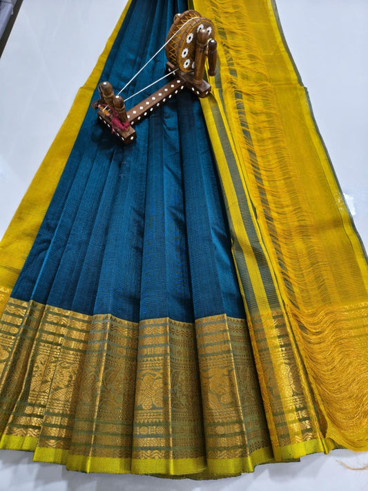 Mangalagiri pattu saree Kanchi border Peacock Blue & Mustard
