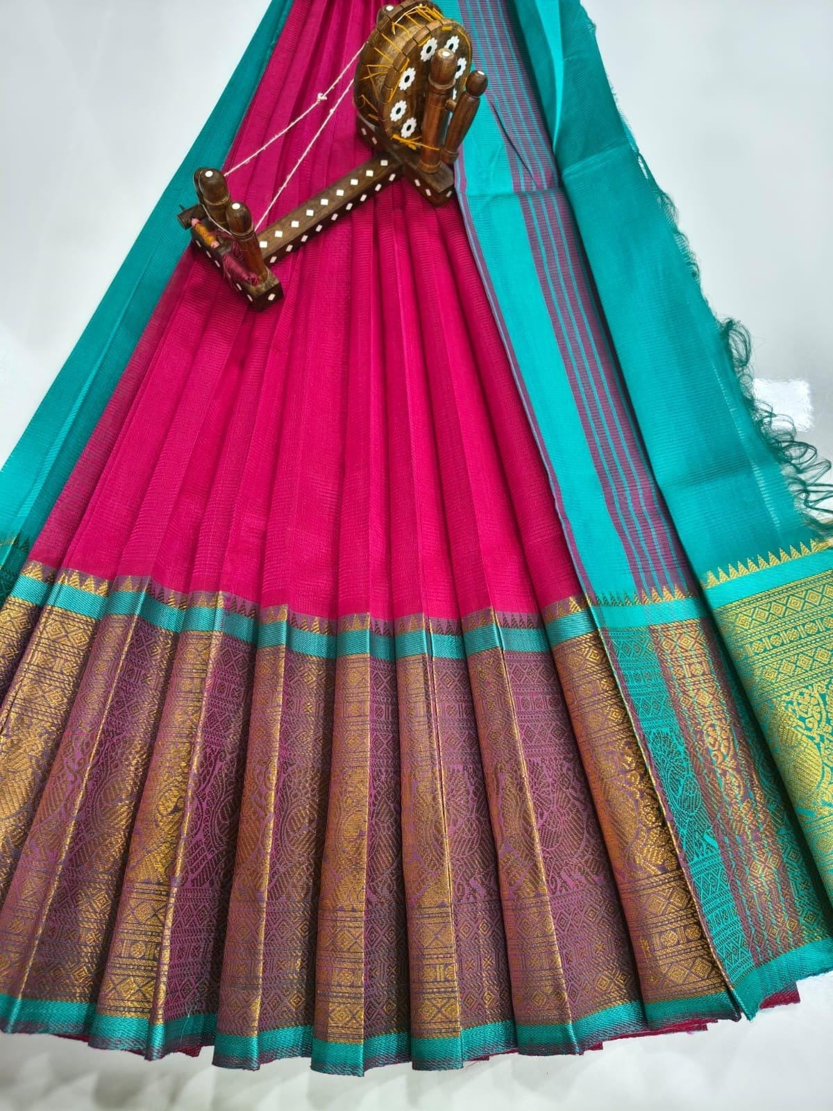 Mangalagiri pattu saree Kanchi border Rani Pink & Teal