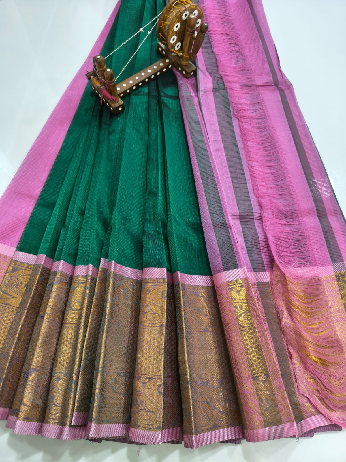 Mangalagiri pattu saree Kanchi border Bottle Green & Pink