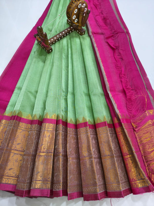 Mangalagiri pattu saree Kanchi border Pista Green & Rani Pink