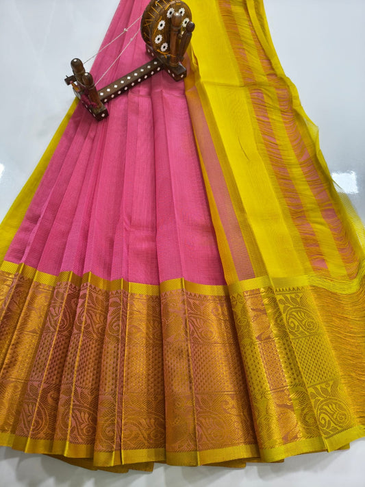Mangalagiri pattu saree Kanchi border Pink & Yellow