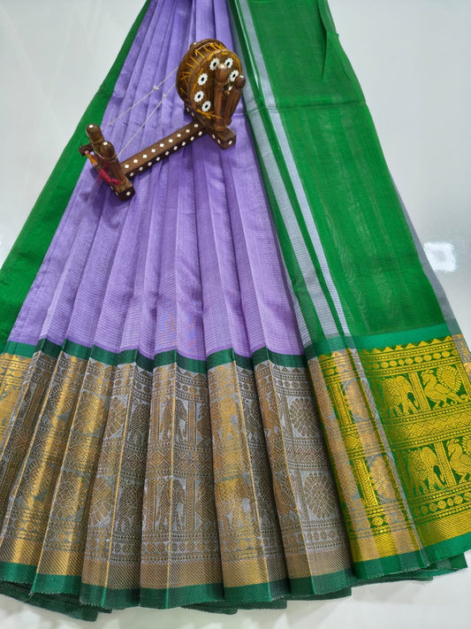 Mangalagiri pattu saree Kanchi border Lavender & Green elephant border
