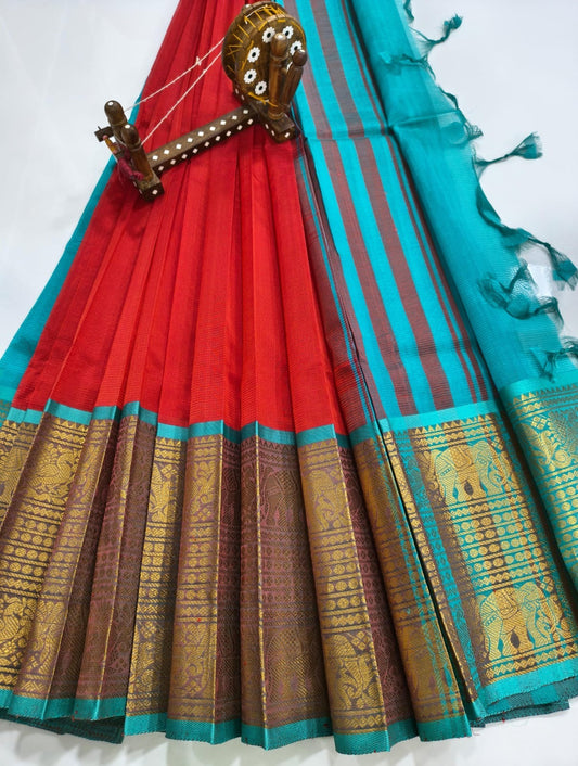 Mangalagiri pattu saree Kanchi border Red & Teal