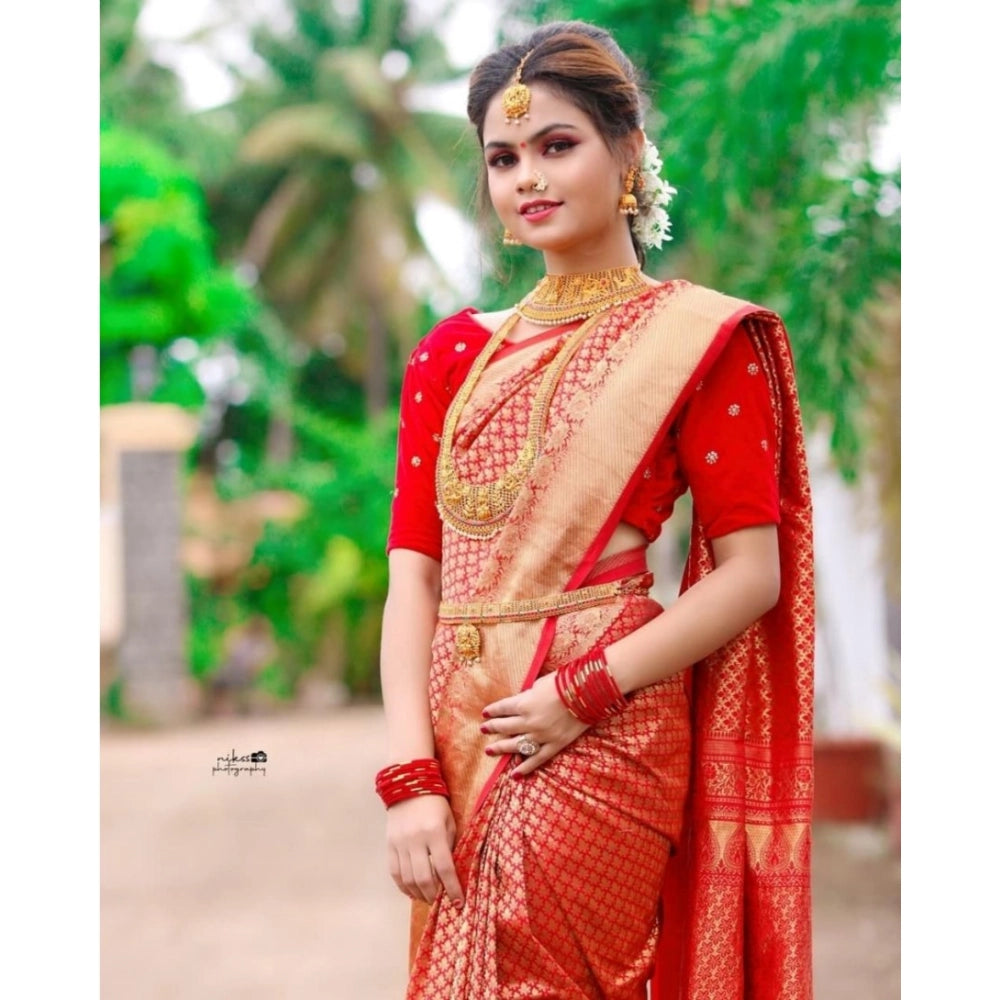 Generic Women's Soft Lichi Silk Printed Saree With Unstitched Blouse 5.5Mtr (Red)
