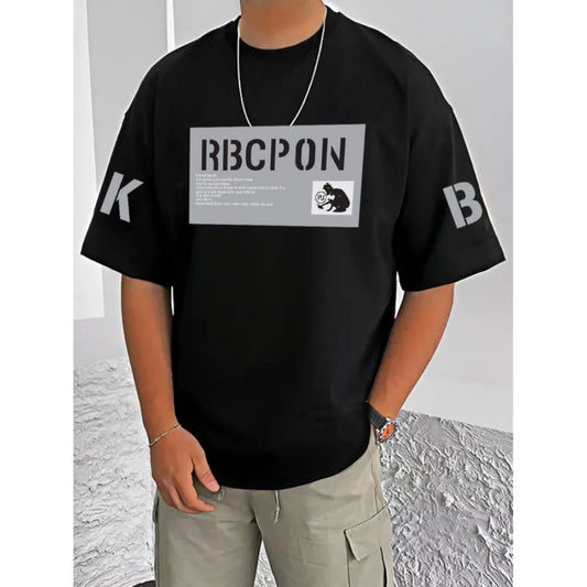 Generic Men's Casual Cotton Blend Printed Round Neck Half Sleeve T-Shirt (Black)