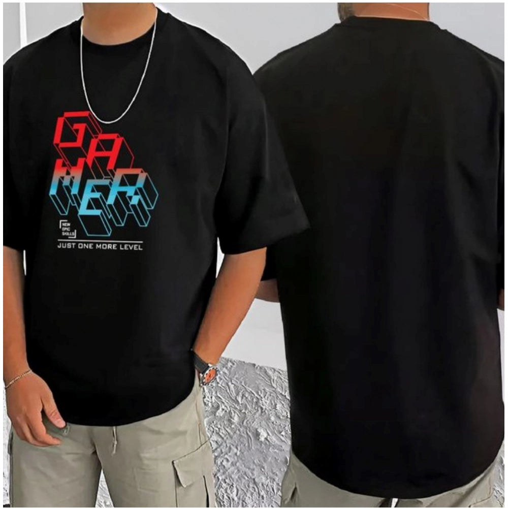 Generic Men's Casual Cotton Blend Printed Round Neck Half Sleeve T-Shirt (Black)