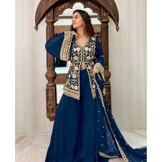 Generic Women's Georgette Embroidery 3-4th Sleeve V-Neck Kurti, Palazzo And Dupatta Set (Morpich)