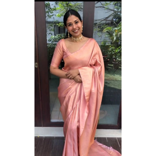 Generic Women's Litchi silk Printed Saree With Unstitched Blouse (Peach)