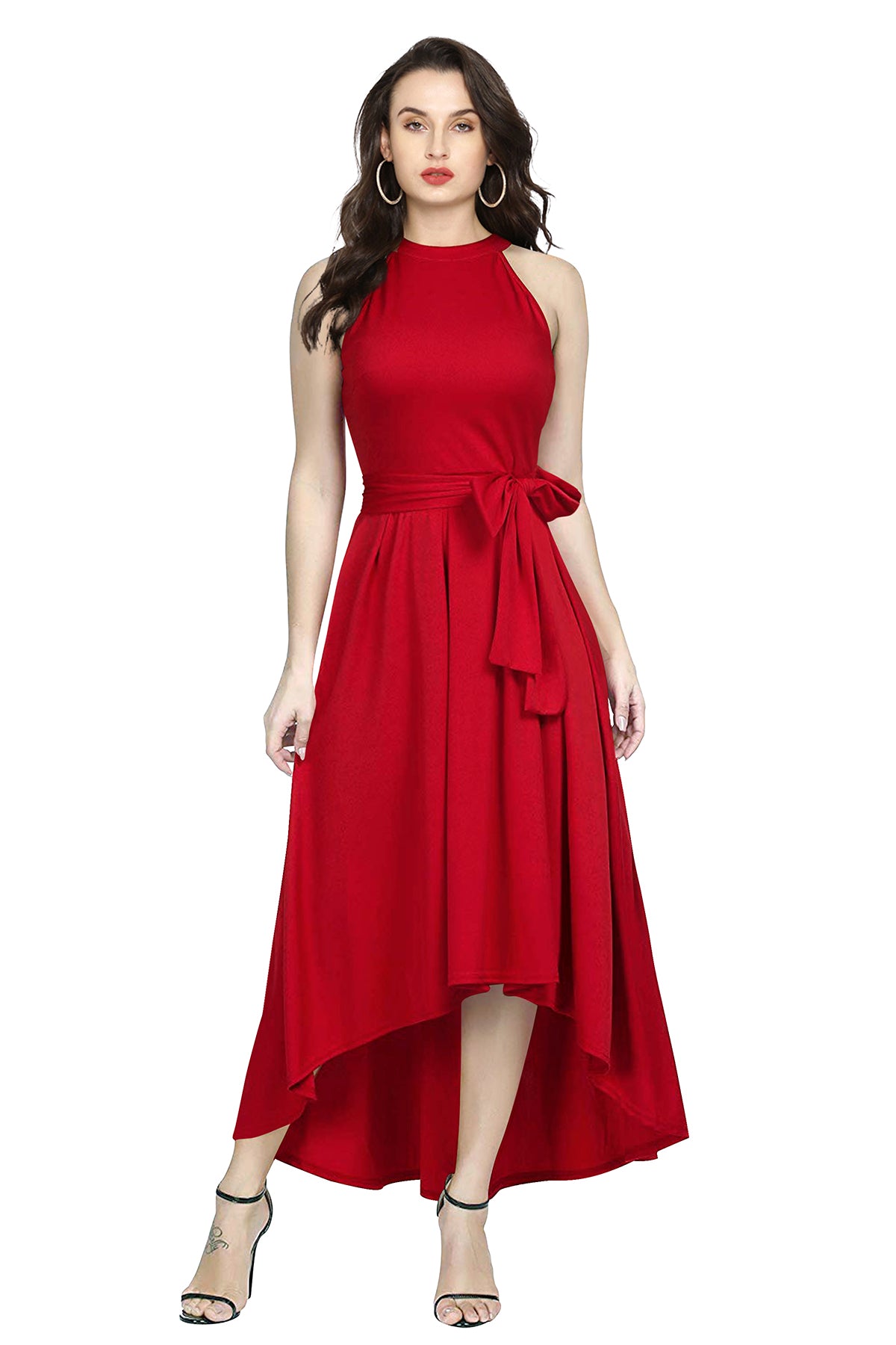 Western Wear Dress Polyster Red Solid Deltin S24 Red