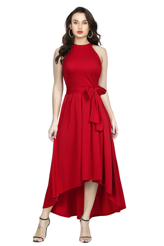 Western Wear Dress Polyster Red Solid Deltin S24 Red
