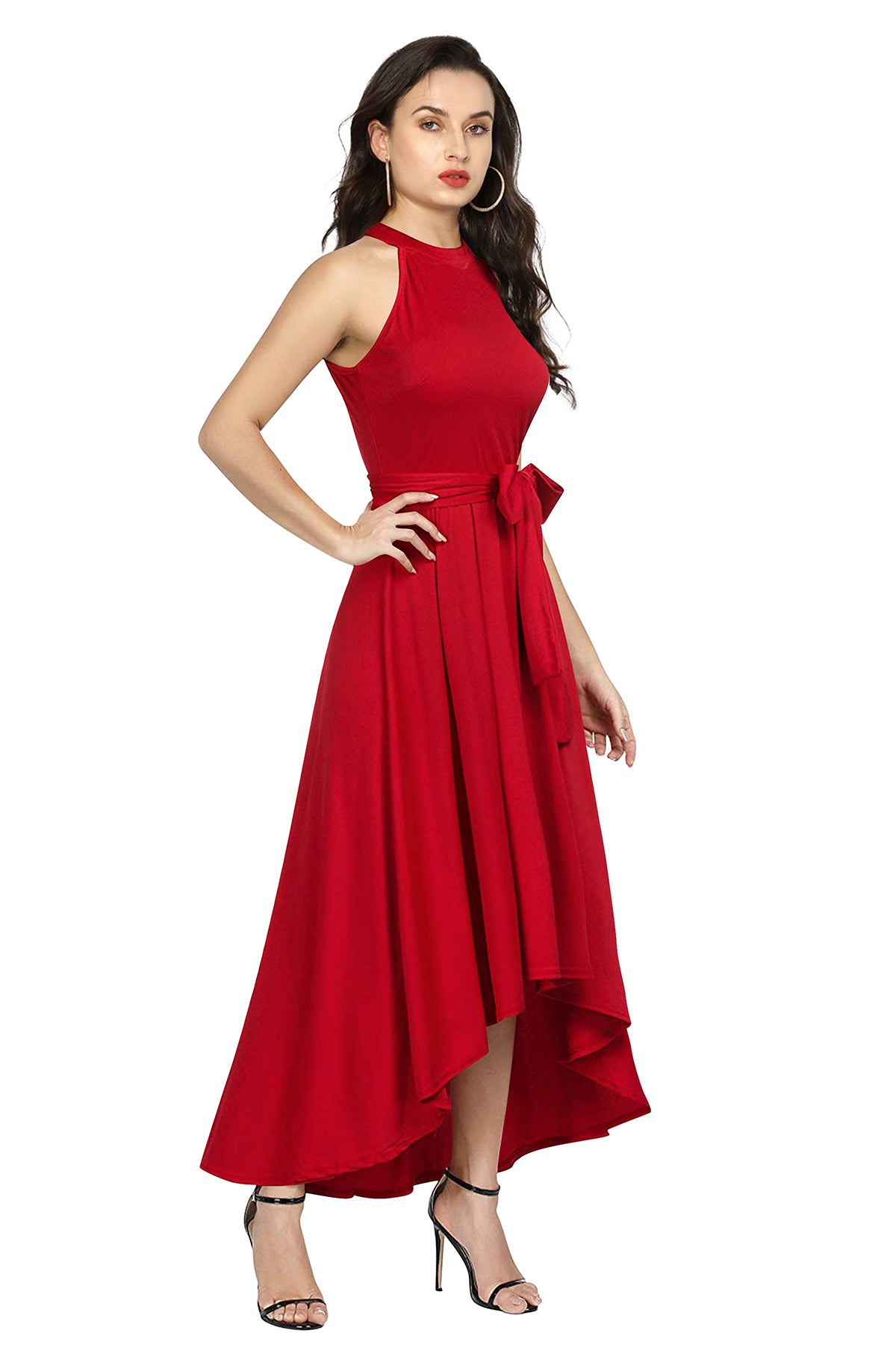Western Wear Dress Polyster Red Solid Deltin S24 Red
