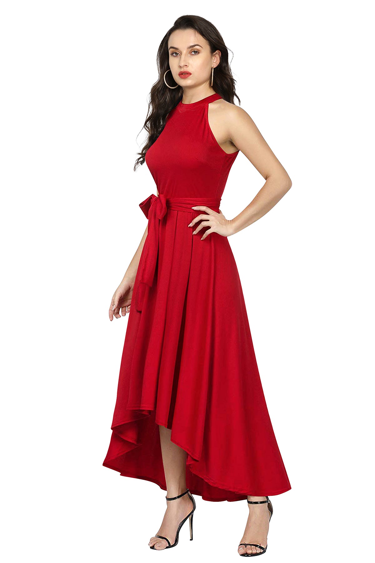 Western Wear Dress Polyster Red Solid Deltin S24 Red