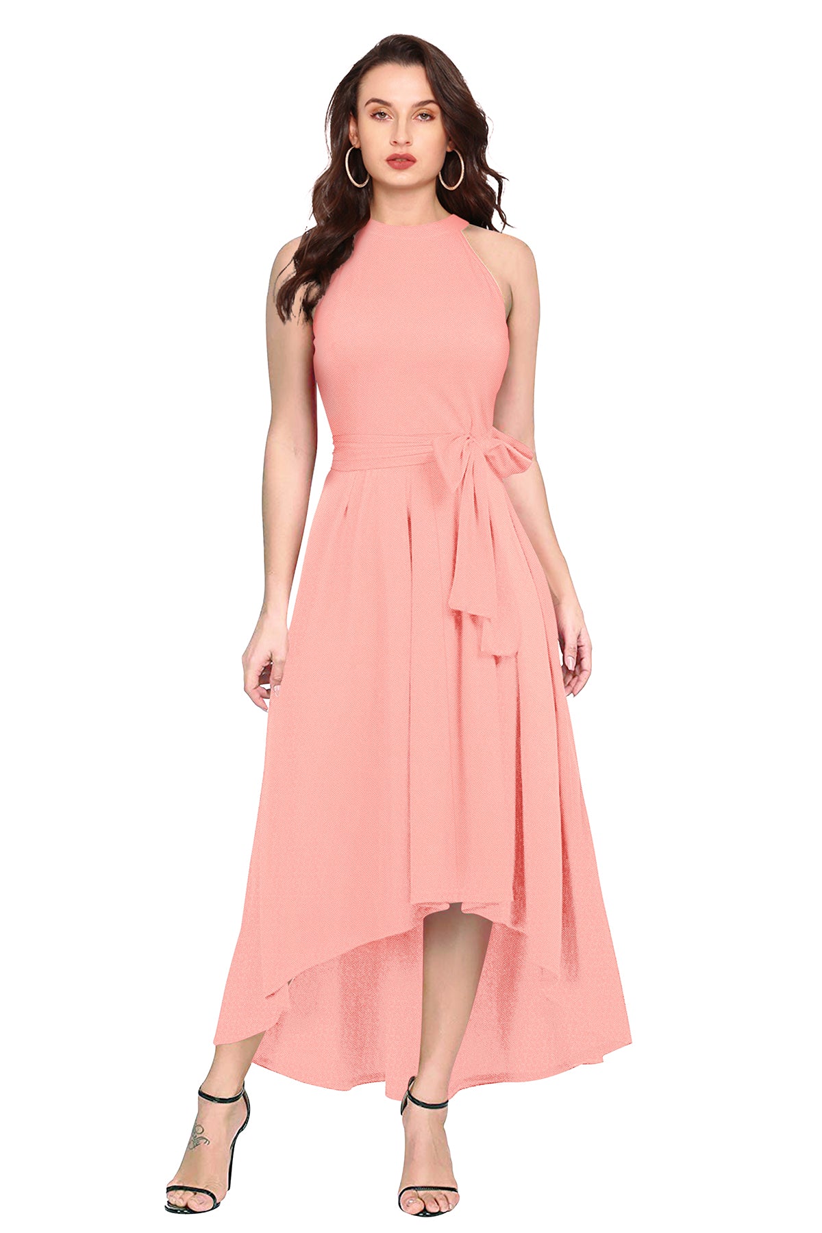 Western Wear Dress Polyster Peach Solid Deltin S26 Peach