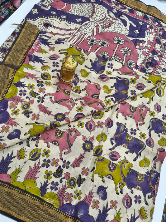 Kalamkari Silk Nizam Border Saree - Purple & Pink Cow Motif