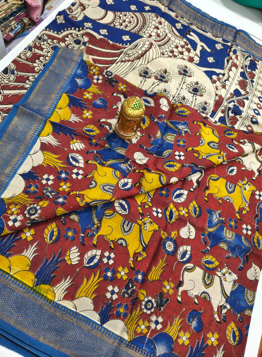 Kalamkari Silk Nizam Border Saree - Maroon & Yellow Cow Motif