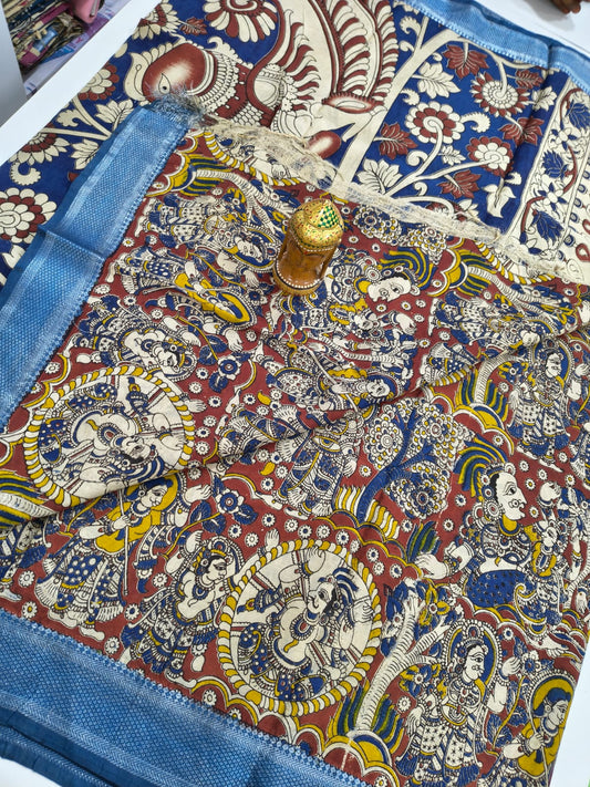 Kalamkari Silk Nizam Border Saree - Purple & Orange Mythological Print