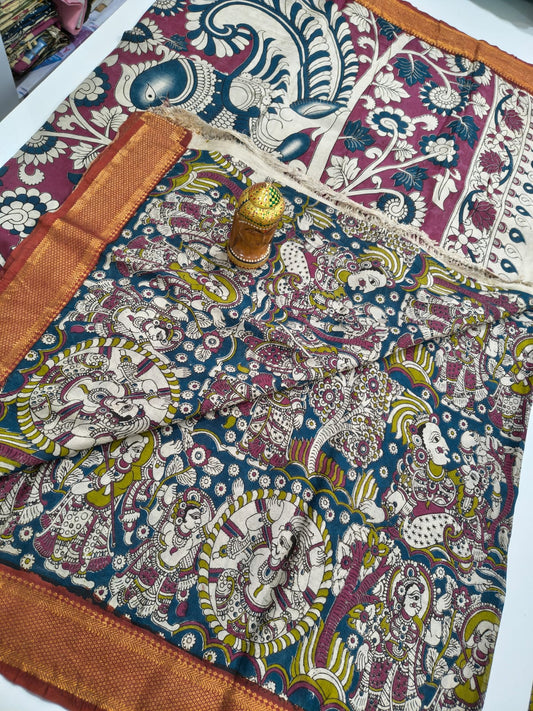 Kalamkari Silk Nizam Border Saree - Teal & Maroon Mythological Print