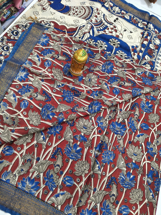 Kalamkari Silk Nizam Border Saree - Maroon & Blue Lotus
