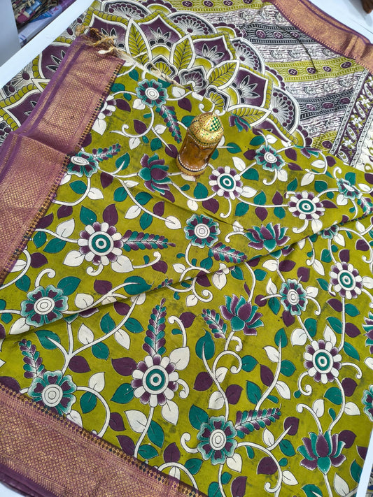 Kalamkari Silk Nizam Border Saree - Olive Green Floral