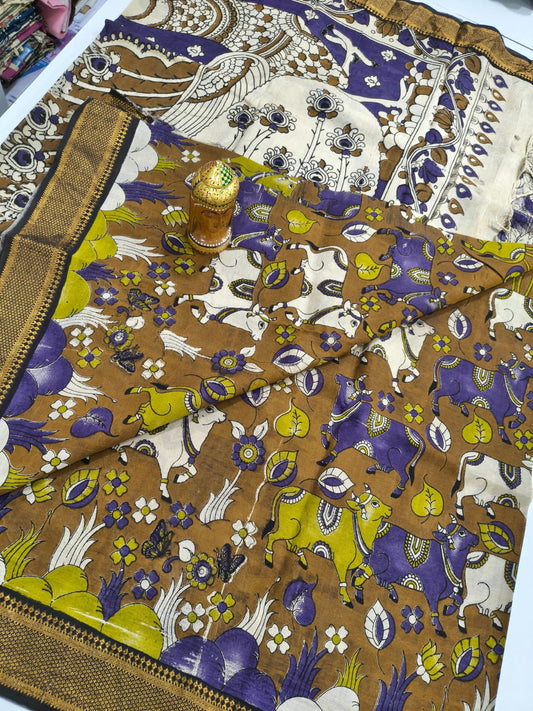Kalamkari Silk Nizam Border Saree - Brown & Purple Cow Motif