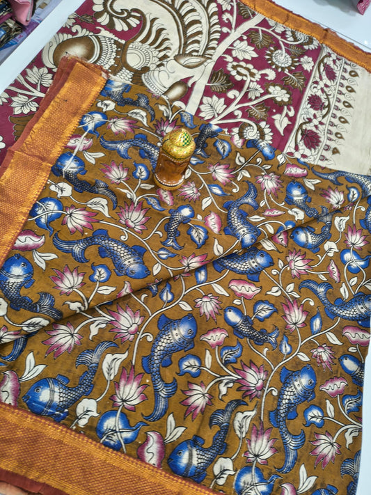 Kalamkari Silk Nizam Border Saree - Mustard & Blue Fish Motif