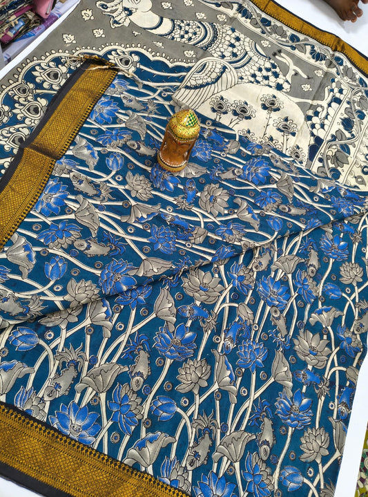 Kalamkari Silk Nizam Border Saree - Teal Blue Lotus