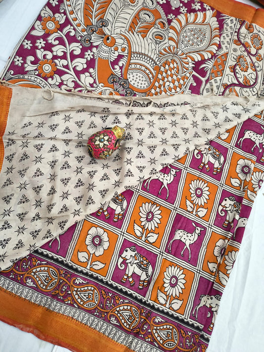 Mangalagiri Kalamkari Sarees with nizam border print